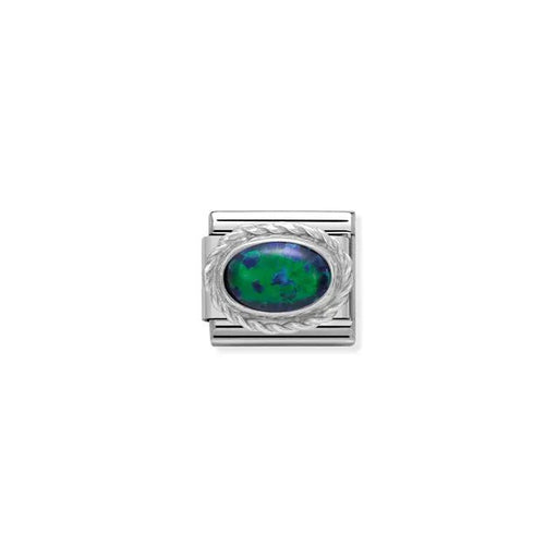 Close-up of Nomination Classic Link with oval green opal (7x5mm) in a sterling-silver rope bezel on stainless steel