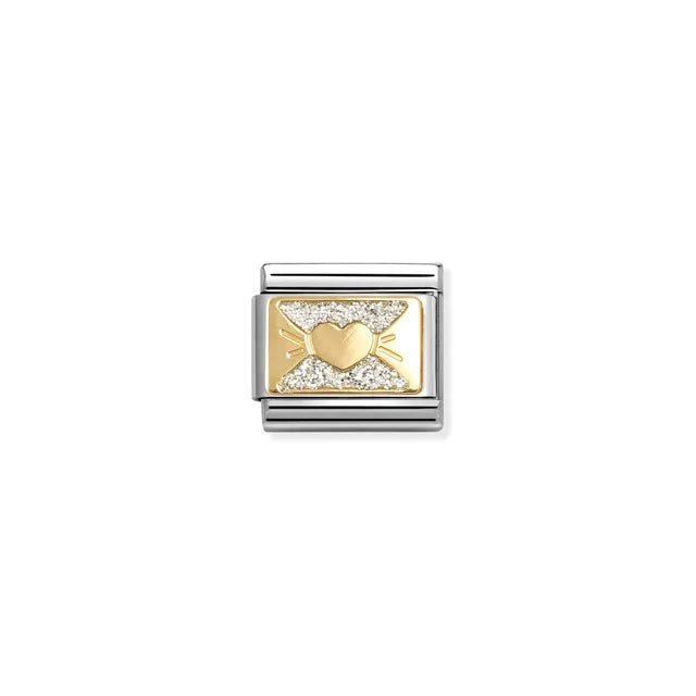 Nomination Classic Link with bonded yellow gold heart bow and silver glitter detail, stainless steel, Classic size