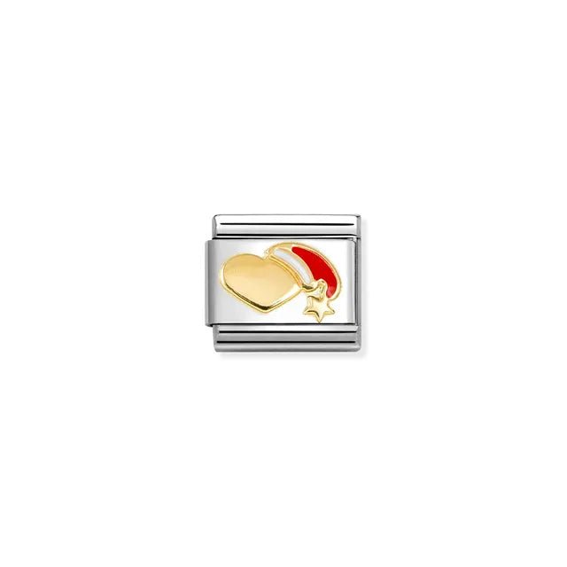 Nomination Composable Classic Link with yellow-gold heart and red Santa hat enamel on stainless steel.