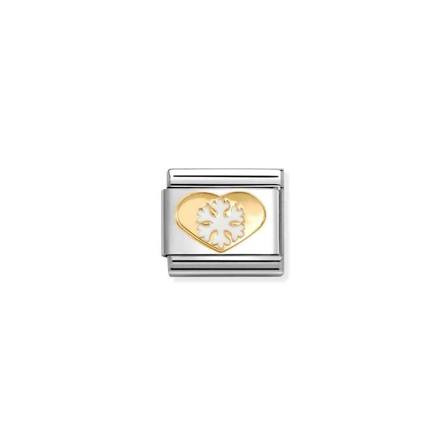 Nomination Classic Link with yellow-gold heart and white enamel snowflake on stainless steel.