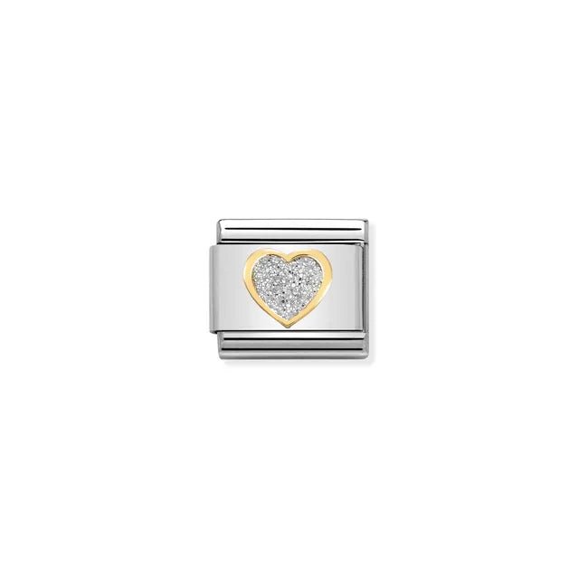 Nomination Classic Link heart with glitter enamel and bonded yellow gold, Composable bracelet charm
