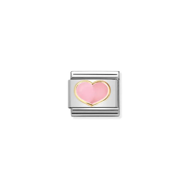 Nomination Classic Link with pink enamel heart framed in yellow gold on a stainless-steel base