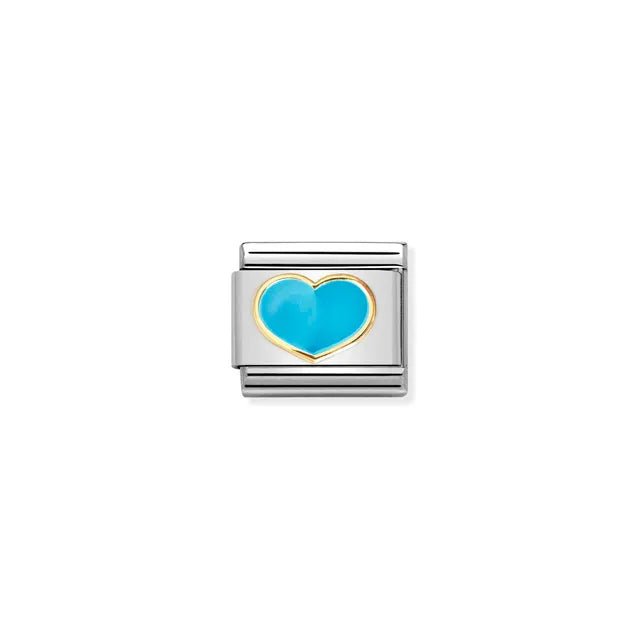 Nomination Classic Link with turquoise enamel heart framed in yellow gold on a stainless-steel base