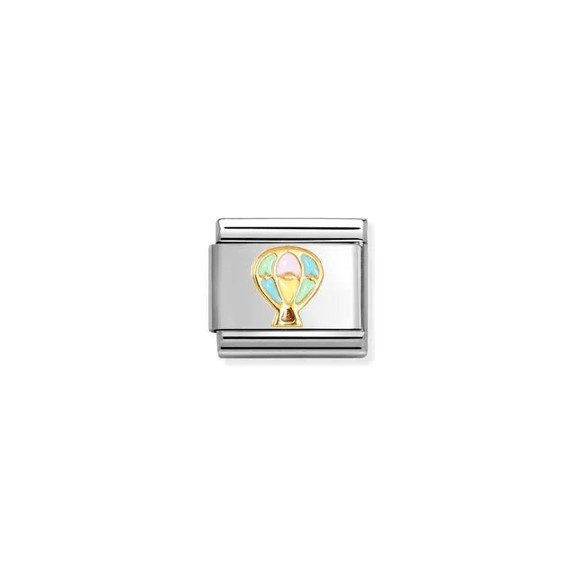 Nomination Classic Link with yellow-gold hot air balloon and blue/pink enamel