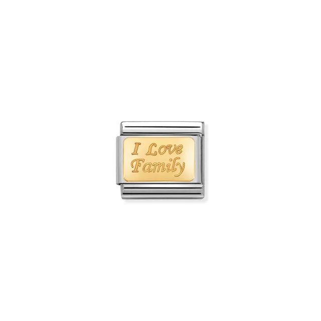 Nomination Classic Link I Love Family engraved plaque in bonded yellow gold, Composable bracelet charm