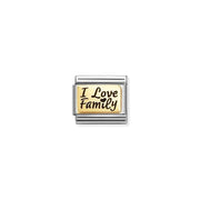 Nomination Classic Link with bonded yellow gold plate and black enamel script: I Love Family