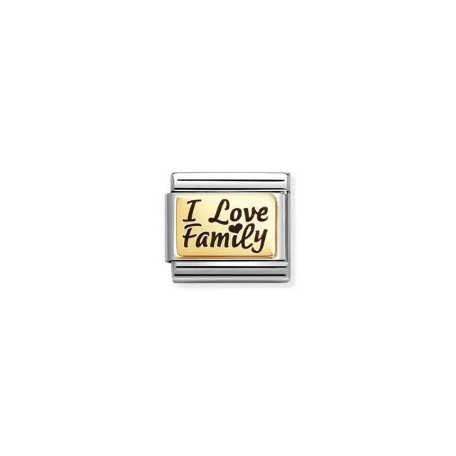 Nomination Classic Link with bonded yellow gold plate and black enamel script: I Love Family