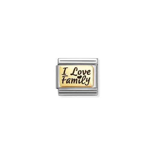 Nomination Classic Link with bonded yellow gold plate and black enamel script: I Love Family
