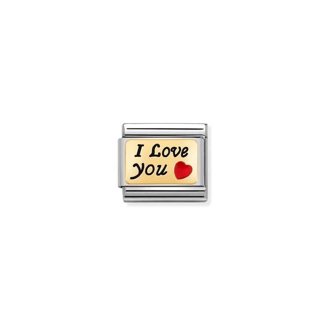 Nomination Classic Link with I Love You text and red enamel heart on yellow-gold detail – charm for Nomination Bracelets.
