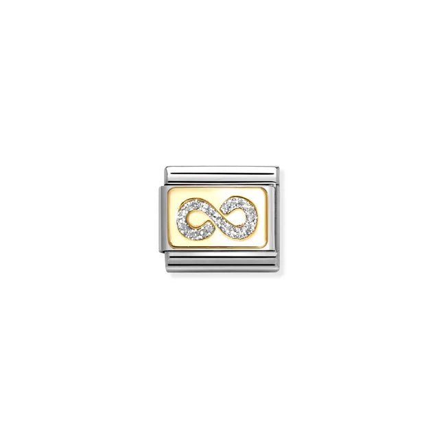 Nomination Classic Link infinity symbol on yellow-gold detail set with white cubic zirconia – charm for Nomination Bracelets.
