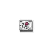 Nomination Classic Link with July script and ruby birthstone on stainless steel.