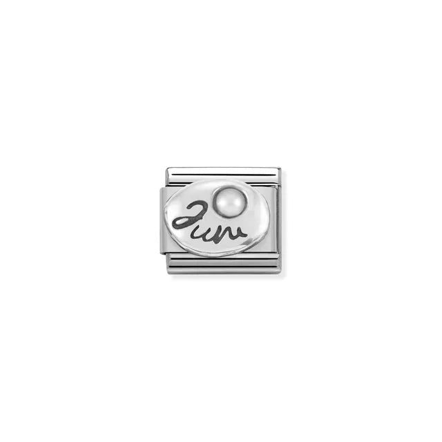 Nomination Classic Link with Jun script and white pearl birthstone on stainless steel.