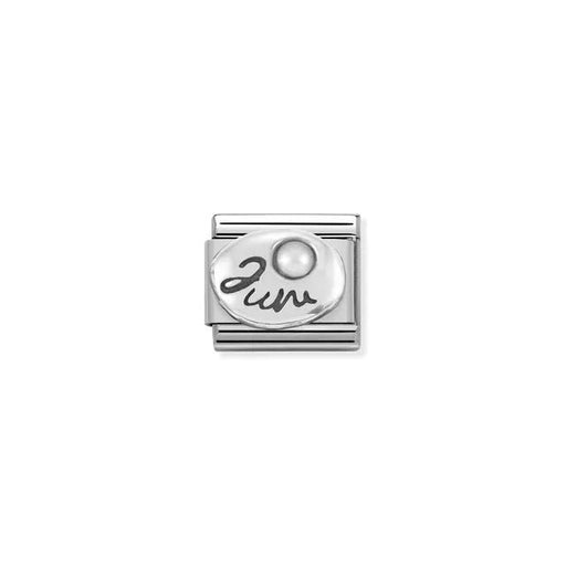 Nomination Classic Link with Jun script and white pearl birthstone on stainless steel.