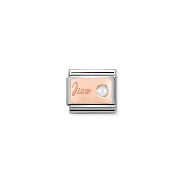 Nomination Classic Link June pearl birthstone charm on rose-gold plate engraved June, stainless steel, for Composable Nomination bracelets