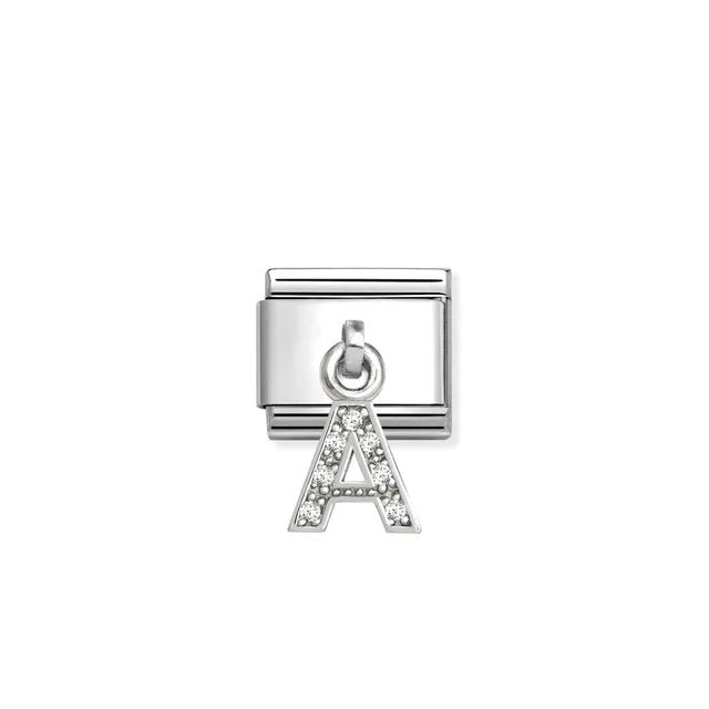 Nomination Classic Link with sterling-silver letter A pendant pavé-set with white cubic zirconia on stainless steel.