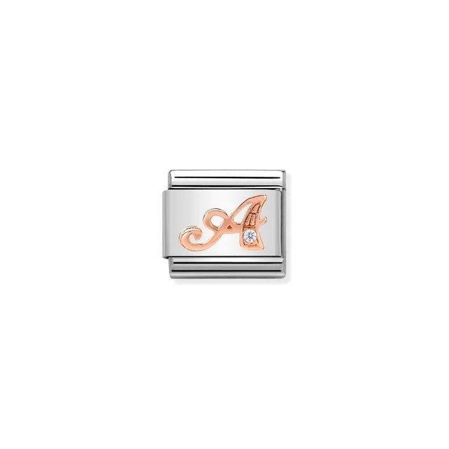 Nomination Classic Link charm with rose-gold script letter A and white cubic zirconia on stainless steel.