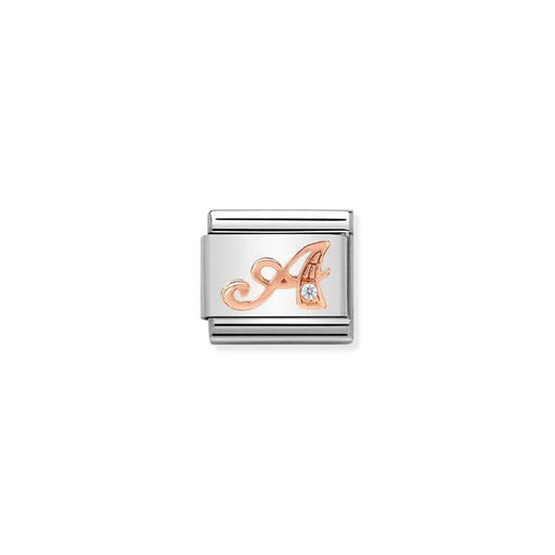 Nomination Classic Link charm with rose-gold script letter A and white cubic zirconia on stainless steel.