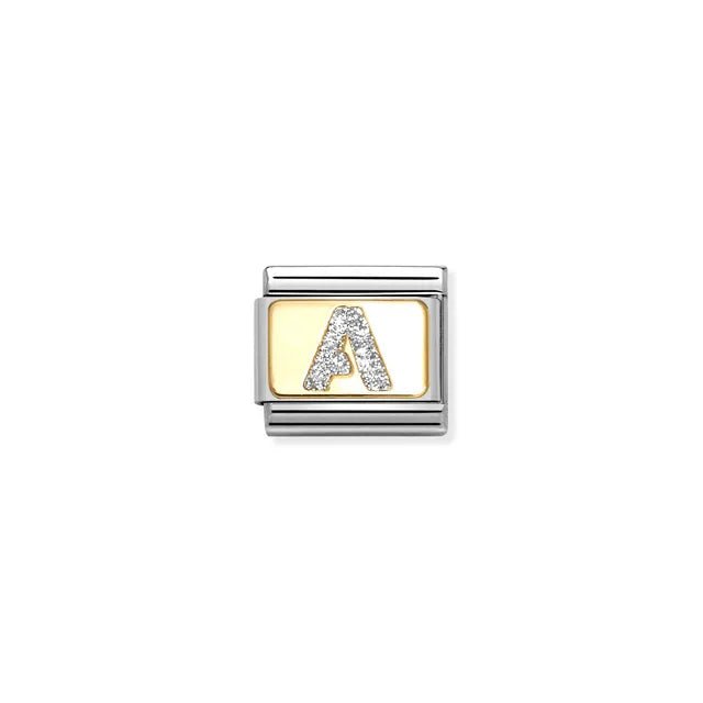Nomination Classic Link Letter A on yellow-gold plate with silver glitter – charm for Nomination Bracelets.