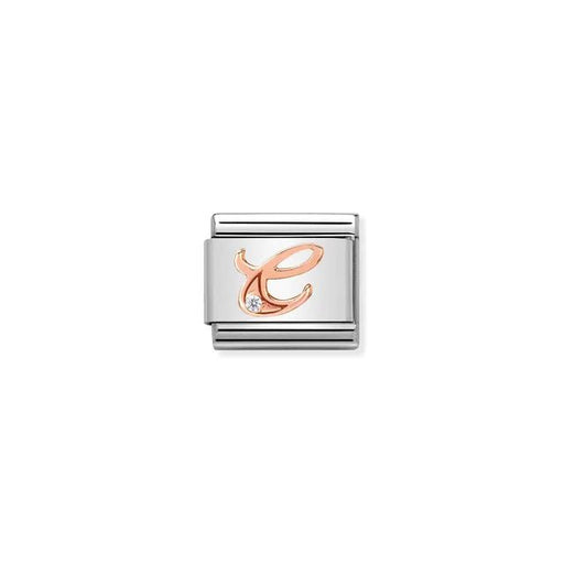 Nomination Classic Link charm with rose-gold script letter C and white cubic zirconia on stainless steel.
