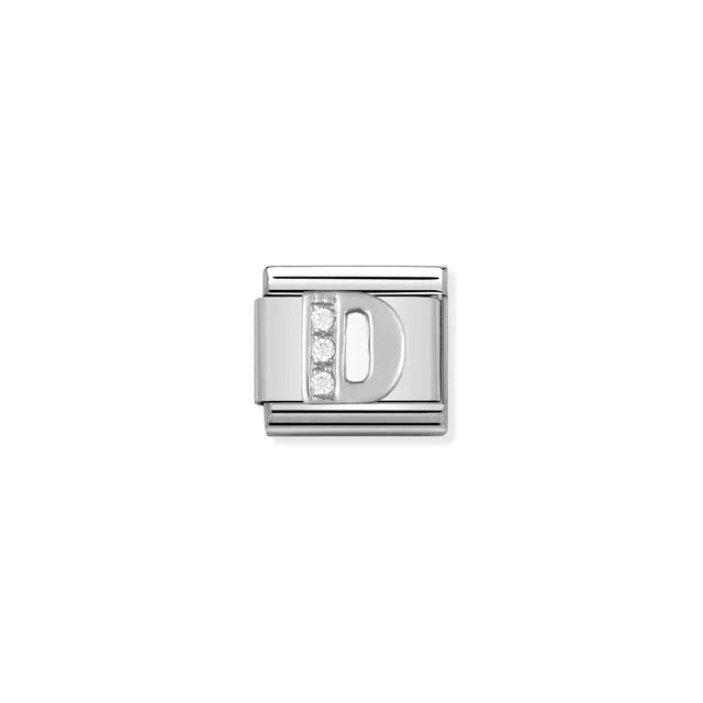 Close-up of Nomination Classic Link Letter D in silver with white cubic zirconia
