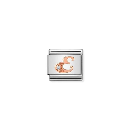 Nomination Classic Link charm with rose-gold script letter E and white cubic zirconia on stainless steel.