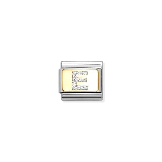 Nomination Classic Link Letter E on yellow-gold plate with silver glitter – charm for Nomination Bracelets.