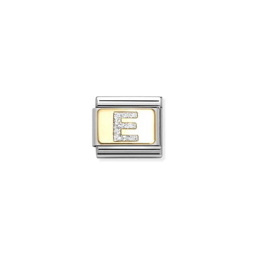 Nomination Classic Link Letter E on yellow-gold plate with silver glitter – charm for Nomination Bracelets.