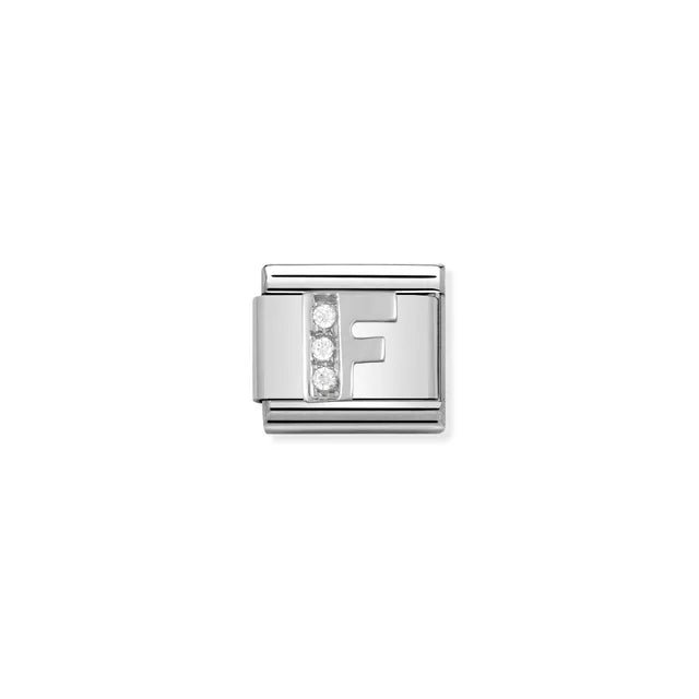 Close-up of Nomination Classic Link Letter F in silver with white cubic zirconia