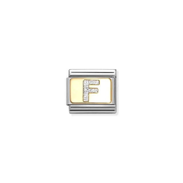 Nomination Classic Link Letter F on yellow-gold plate with silver glitter – charm for Nomination Bracelets.