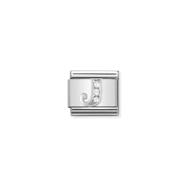 Close-up of Nomination Classic Link Letter J in silver with white cubic zirconia