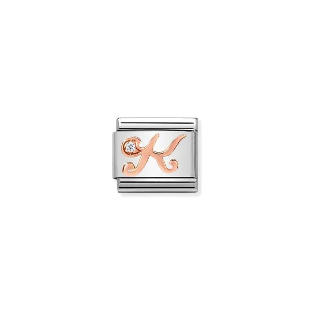 Nomination Classic Link charm with rose-gold script letter K and white cubic zirconia on stainless steel.