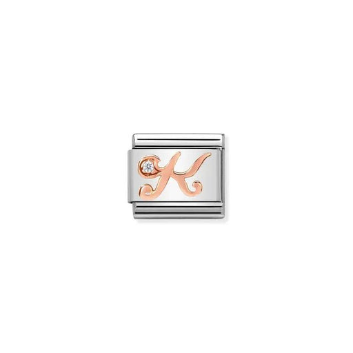 Nomination Classic Link charm with rose-gold script letter K and white cubic zirconia on stainless steel.