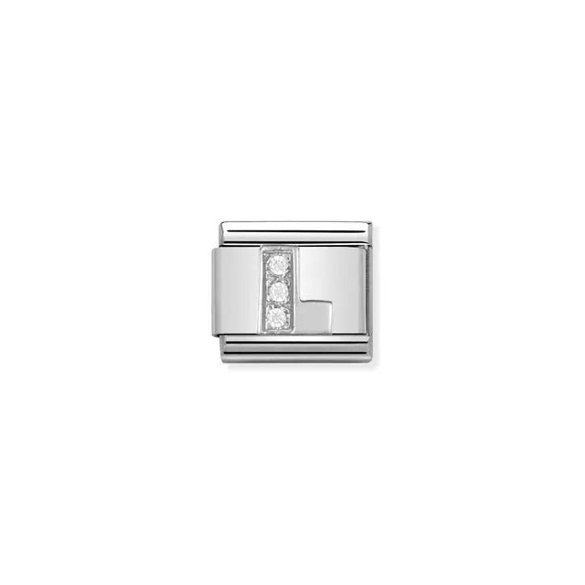 Close-up of Nomination Classic Link Letter L in silver with white cubic zirconia