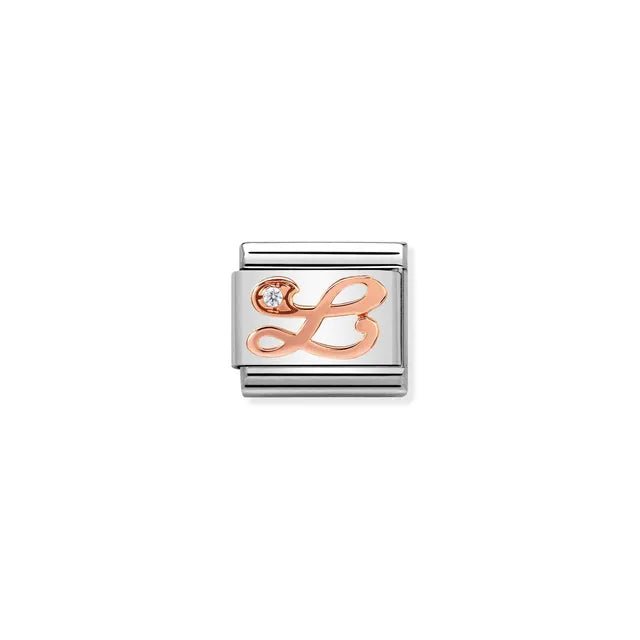 Nomination Classic Link charm with rose-gold script letter L and white cubic zirconia on stainless steel.
