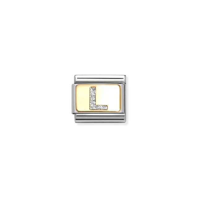 Nomination Classic Link Letter L on yellow-gold plate with silver glitter – charm for Nomination Bracelets.
