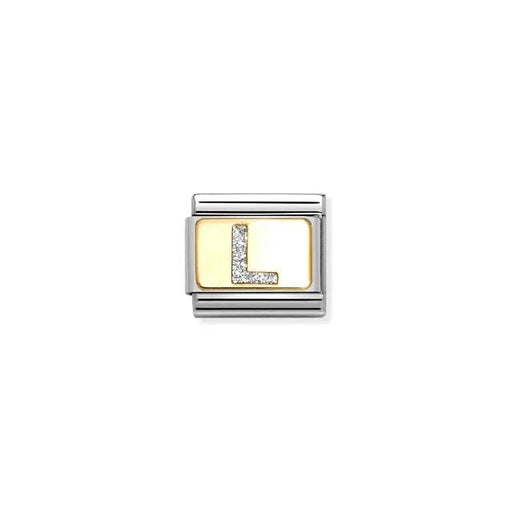 Nomination Classic Link Letter L on yellow-gold plate with silver glitter – charm for Nomination Bracelets.