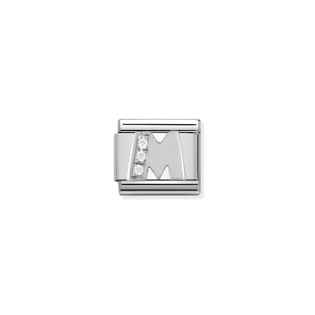 Close-up of Nomination Classic Link letter M in silver with white cubic zirconia