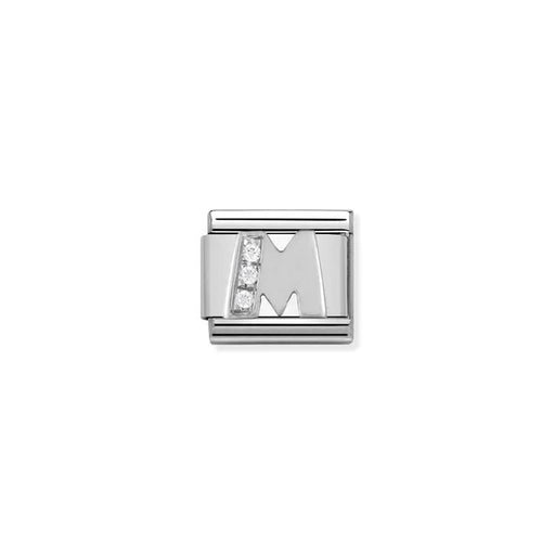 Close-up of Nomination Classic Link letter M in silver with white cubic zirconia