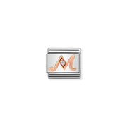 Nomination Classic Link charm with rose-gold script letter M and white cubic zirconia on stainless steel.