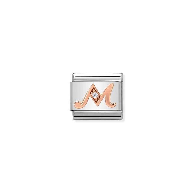 Nomination Classic Link charm with rose-gold script letter M and white cubic zirconia on stainless steel.
