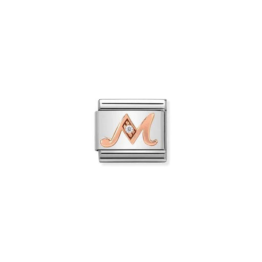 Nomination Classic Link charm with rose-gold script letter M and white cubic zirconia on stainless steel.