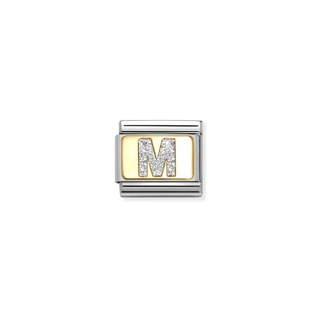 Nomination Classic Link Letter M on yellow-gold plate with silver glitter – charm for Nomination Bracelets.