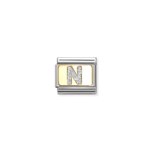 Nomination Classic Link Letter N on yellow-gold plate with silver glitter – charm for Nomination Bracelets.