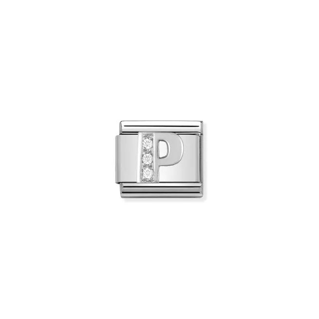 Close-up of Nomination Classic Link Letter P in silver with white cubic zirconia