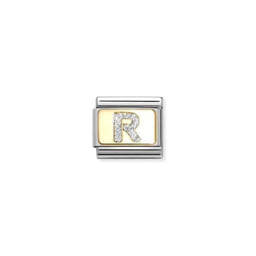 Nomination Classic Link Letter R on yellow-gold plate with silver glitter – charm for Nomination Bracelets.