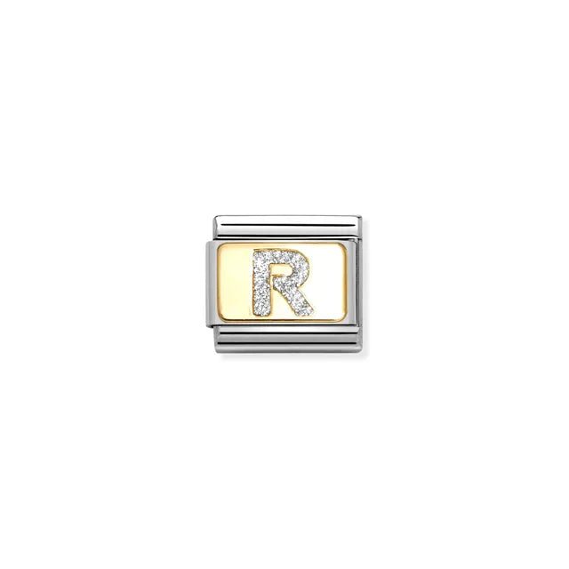 Nomination Classic Link Letter R on yellow-gold plate with silver glitter – charm for Nomination Bracelets.