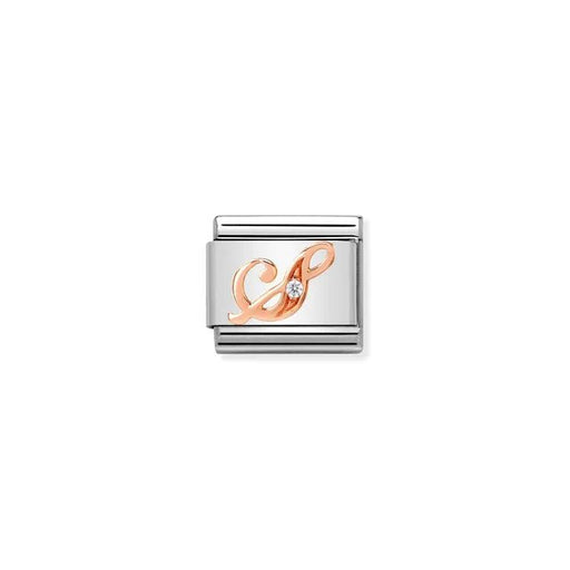 Nomination Classic Link charm with rose-gold script letter S and white cubic zirconia on stainless steel.