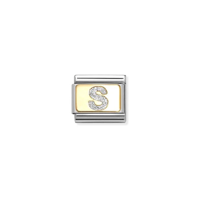 Nomination Classic Link Letter S on yellow-gold plate with silver glitter – charm for Nomination Bracelets.