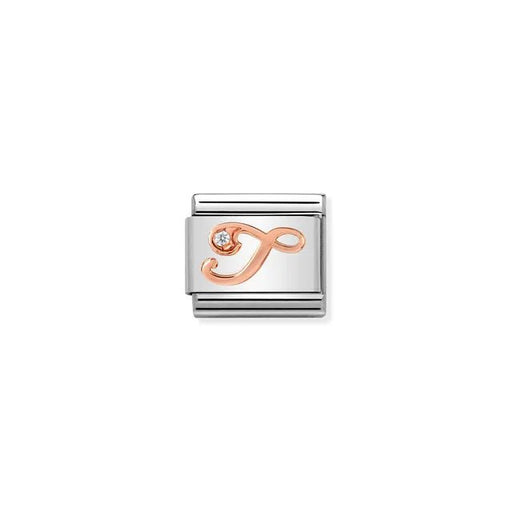 Nomination Classic Link charm with rose-gold script letter T and white cubic zirconia on stainless steel.