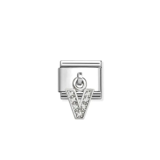Nomination Classic Link with sterling-silver letter V pendant pavé-set with white cubic zirconia on stainless steel.